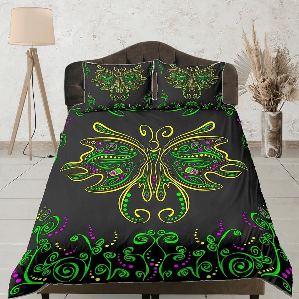 Hippie bedding luna moth green witchy decor dorm bedding, aesthetic duvet, boho bedding set full king queen, tattoo design…