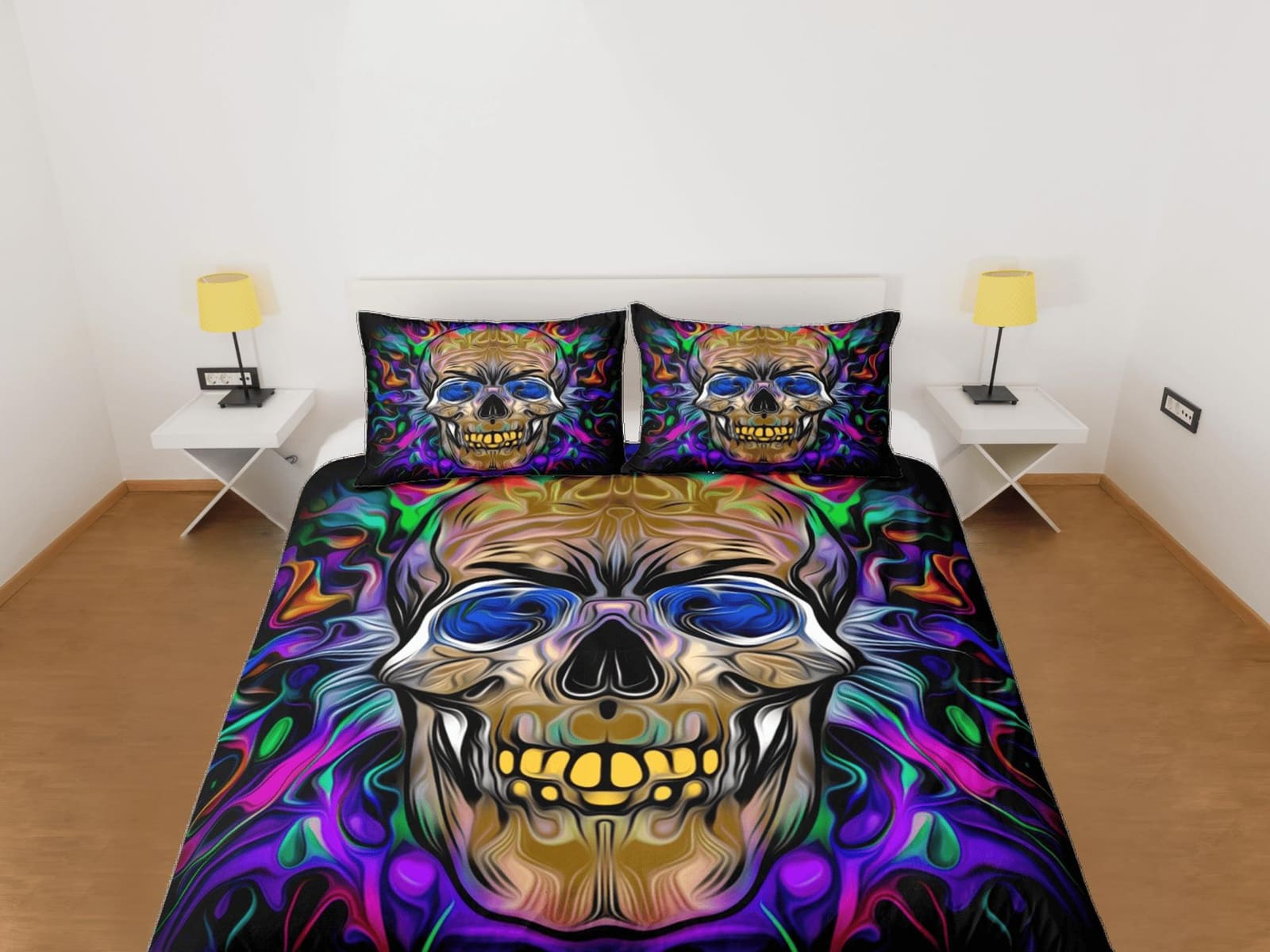 Hippie Neon Colors Skull Duvet Cover Set Colorful Bedspread, Dorm Bedding Pillowcase