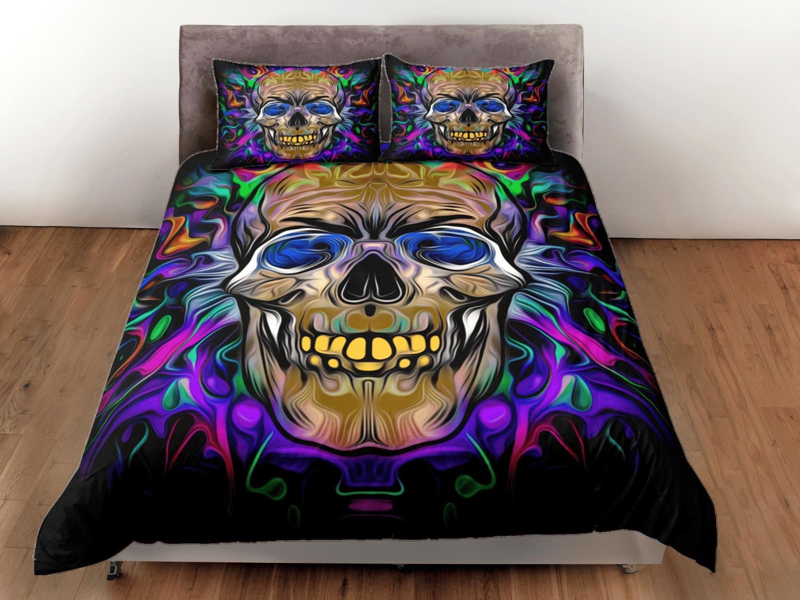 Hippie Neon Colors Skull Duvet Cover Set Colorful Bedspread, Dorm Bedding Pillowcase