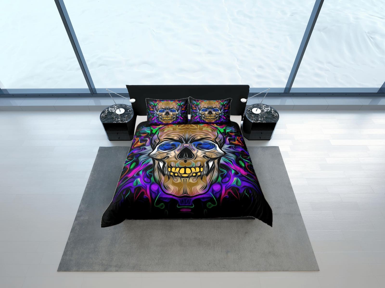 Hippie Neon Colors Skull Duvet Cover Set Colorful Bedspread, Dorm Bedding Pillowcase