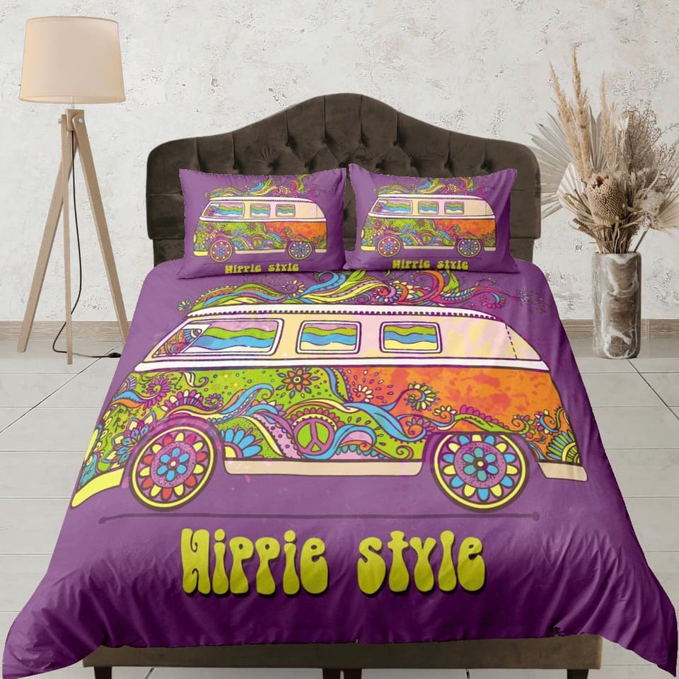 Hippie style colorful bus 90s nostalgia purple bedding retro duvet cover set, colorful bedding teens and adult duvet cover…