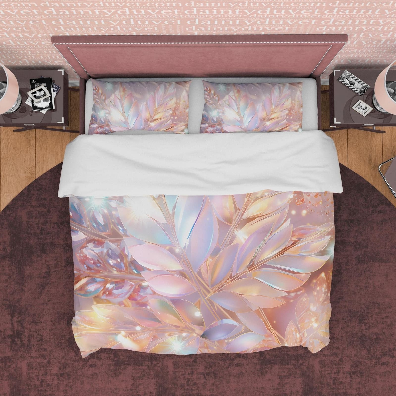 Holographic Botanical Glass Like Plant  Bedding Set Boho Duvet Cover, Leaf Quilt Cover, Moonstone Inspired Bedspread, Gala…