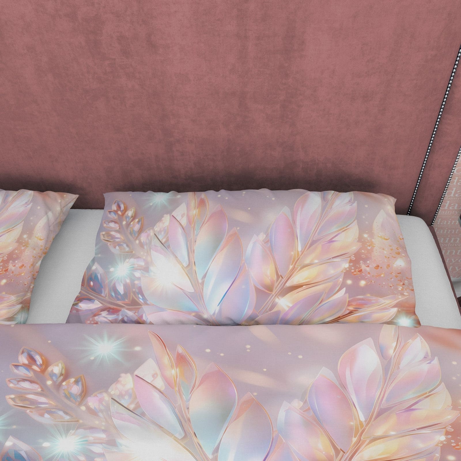 Holographic Botanical Glass Like Plant Bedding Set Boho Duvet Cover, Leaf Quilt Cover, Moonstone Inspired Bedspread, Gala…