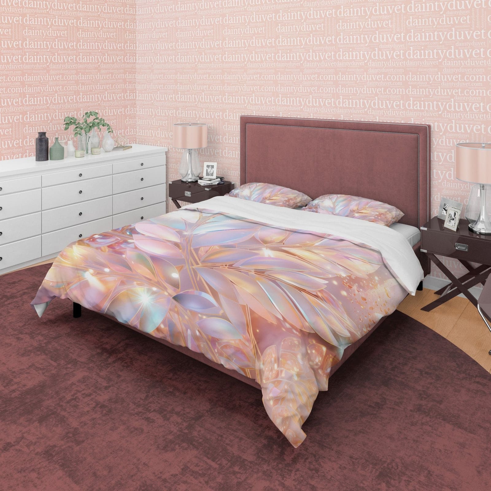 Holographic Botanical Glass Like Plant Bedding Set Boho Duvet Cover, Leaf Quilt Cover, Moonstone Inspired Bedspread, Gala…