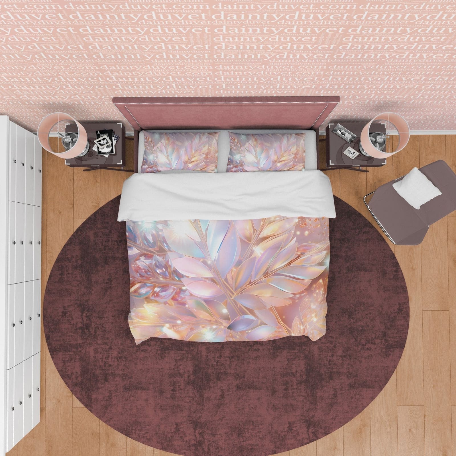 Holographic Botanical Glass Like Plant Bedding Set Boho Duvet Cover, Leaf Quilt Cover, Moonstone Inspired Bedspread, Gala…