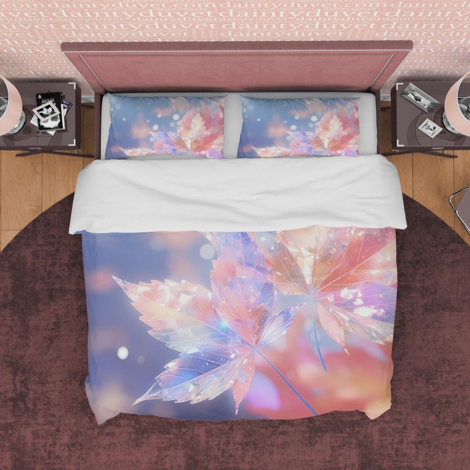 Holographic Glass Like Plant  Bedding Set Boho Duvet Cover, Leaf Quilt Cover, Moonstone Inspired Bedspread, Galaxy Opal Be…