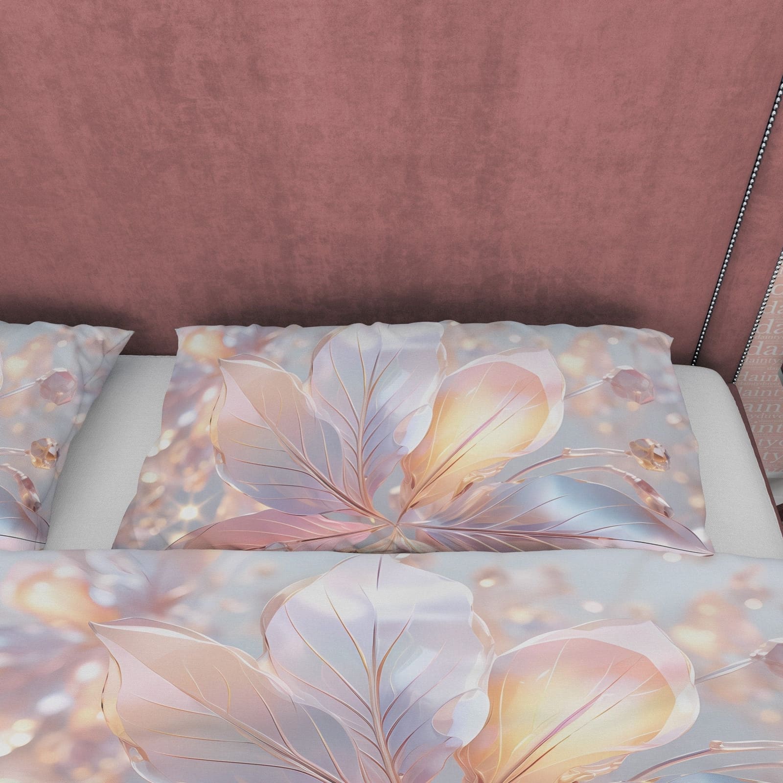Holographic Water Droplet Bedding Set Boho Duvet Cover, Pastel Color Leaf Quilt Cover, Moonstone Inspired Bedspread, Galax…