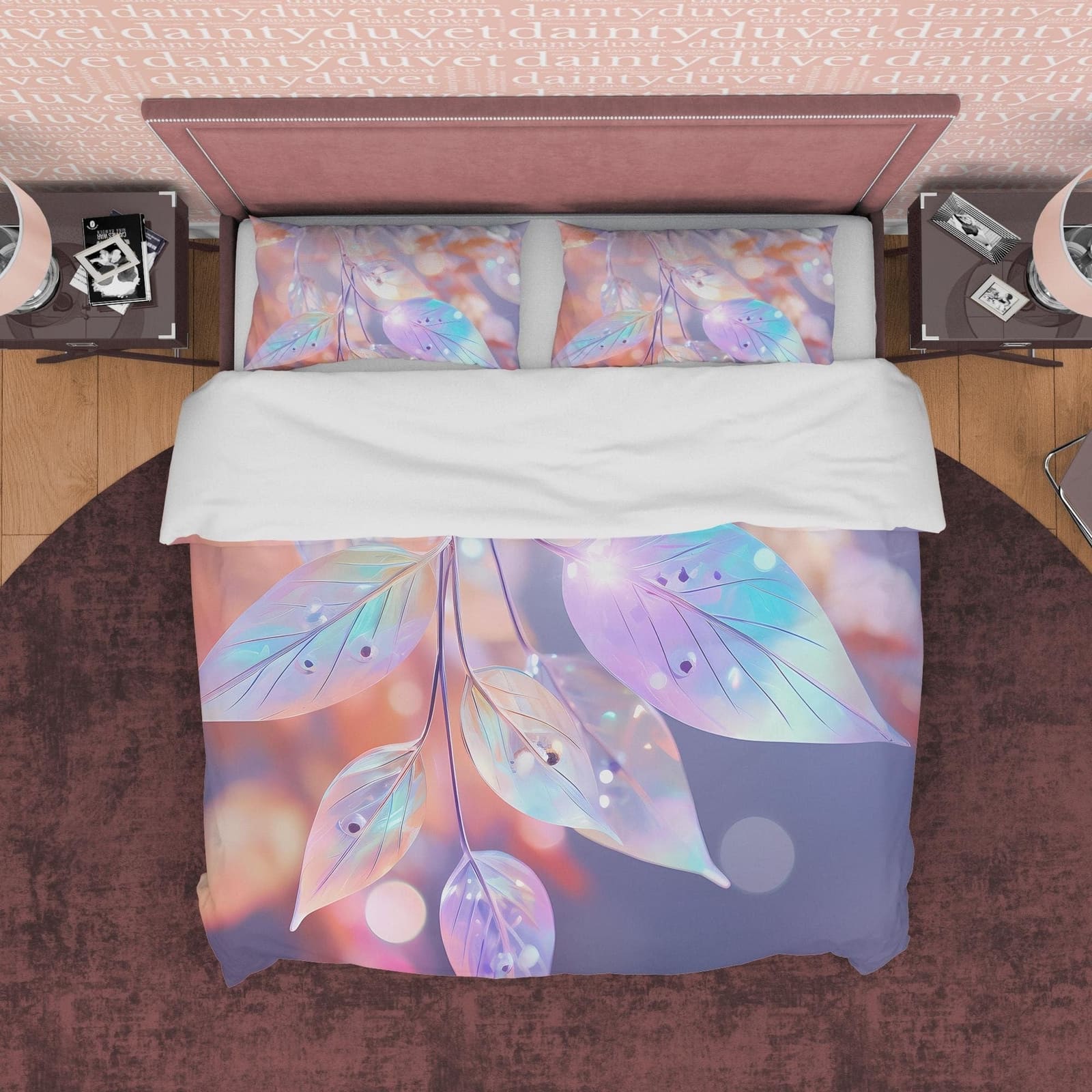 Holographic Water Droplet On Leaf  Bedding Set Boho Duvet Cover, Colorful Leaf Quilt Cover, Patel Color Moonstone Inspired…