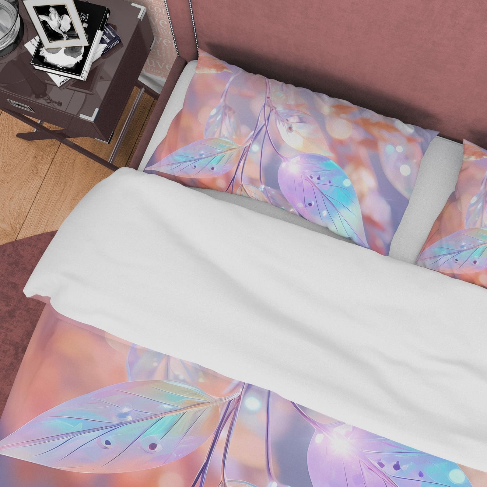 Holographic Water Droplet On Leaf Bedding Set Boho Duvet Cover, Colorful Leaf Quilt Cover, Patel Color Moonstone Inspired…