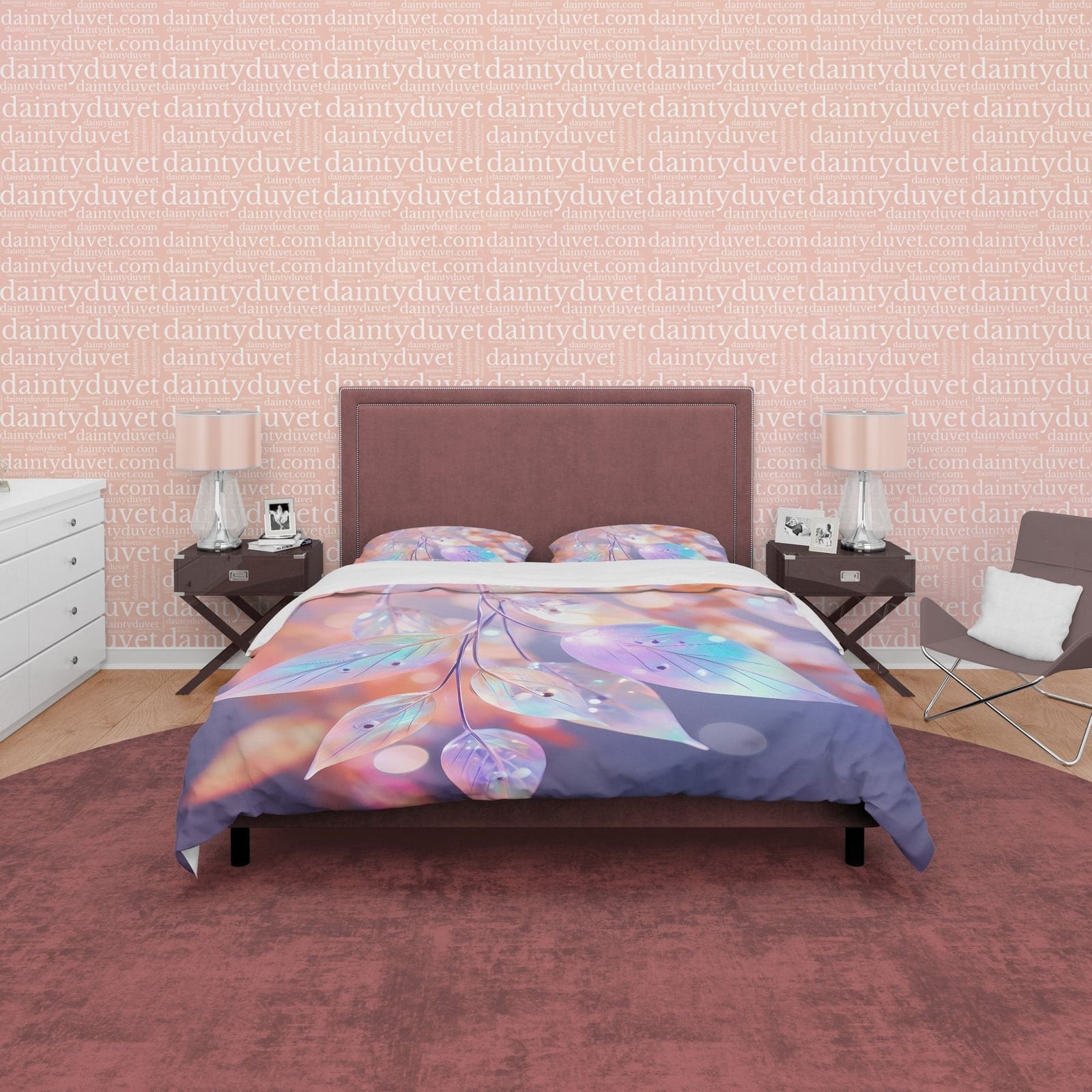 Holographic Water Droplet On Leaf Bedding Set Boho Duvet Cover, Colorful Leaf Quilt Cover, Patel Color Moonstone Inspired…