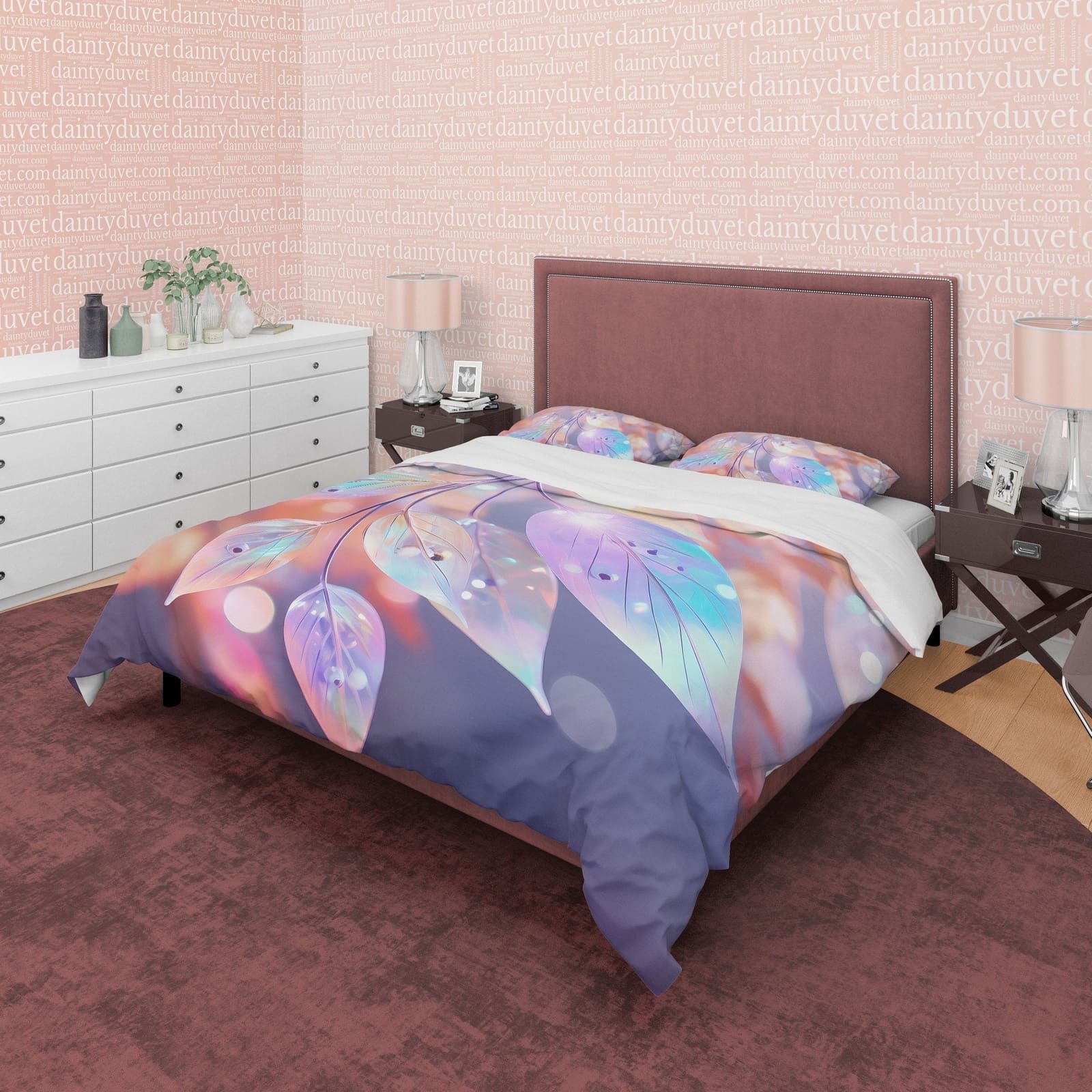 Holographic Water Droplet On Leaf Bedding Set Boho Duvet Cover, Colorful Leaf Quilt Cover, Patel Color Moonstone Inspired…