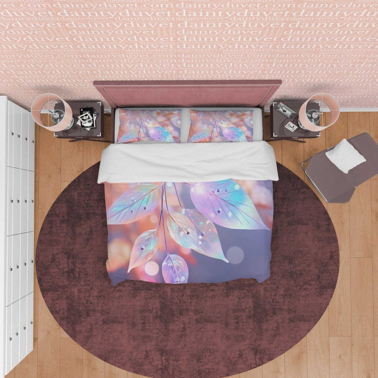 Holographic Water Droplet On Leaf Bedding Set Boho Duvet Cover, Colorful Leaf Quilt Cover, Patel Color Moonstone Inspired…