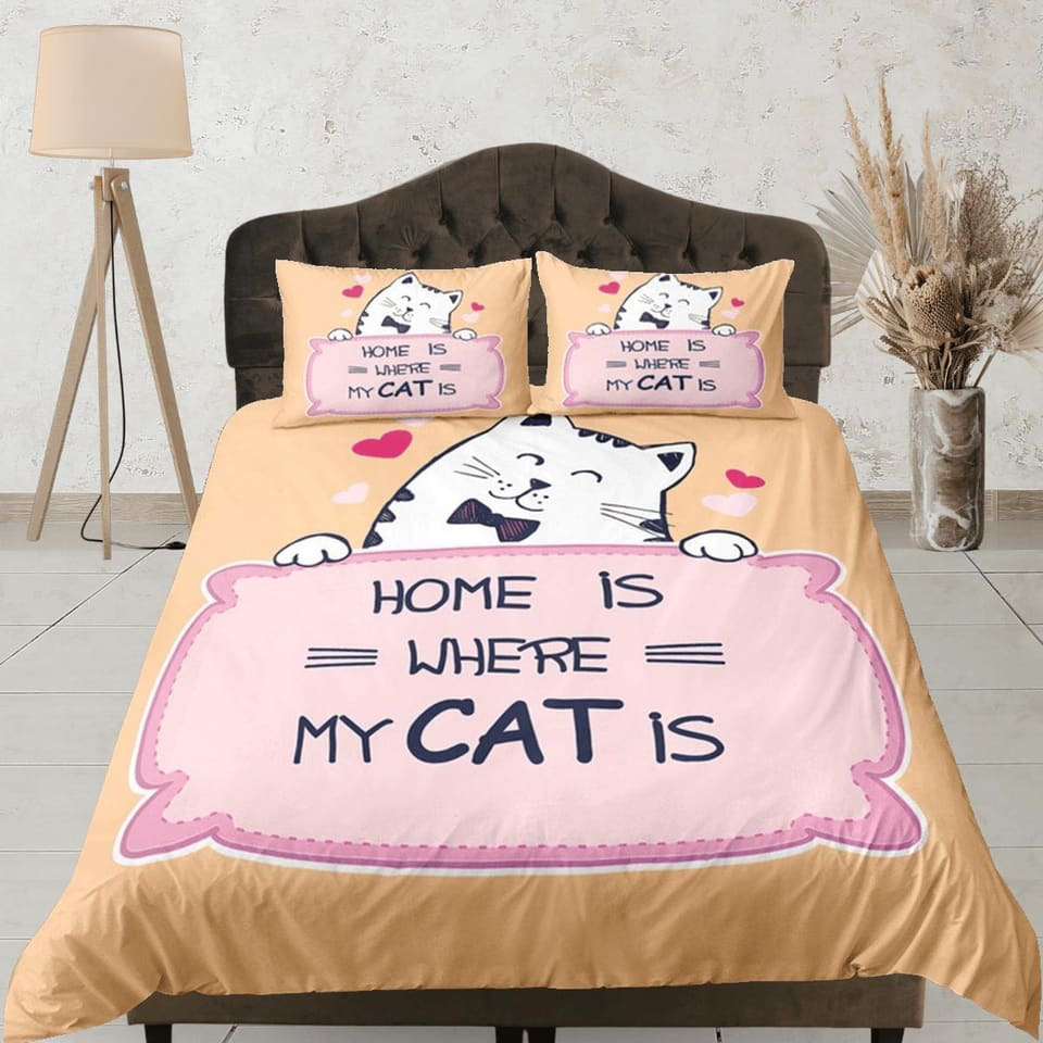 Home is Where My Cat Is Bedding for Cat Lovers, Toddler Bedding, Kids Duvet Cover Set, Baby Bedding, Doona Cover up to Cal…