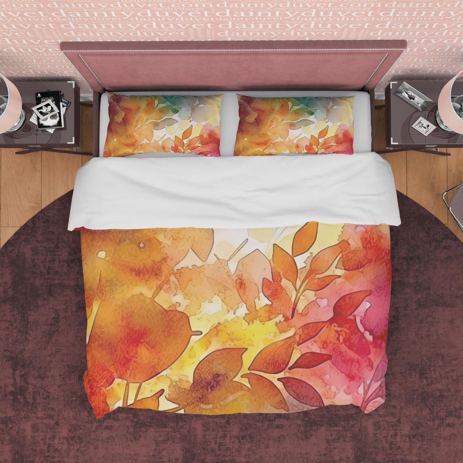 Hot Orange Plant Leaf Autumn Duvet Cover Fall Bedding Set, Rustic Neutral Colors Aesthetic Quilt Cover, Boho Bedspread, Pr…