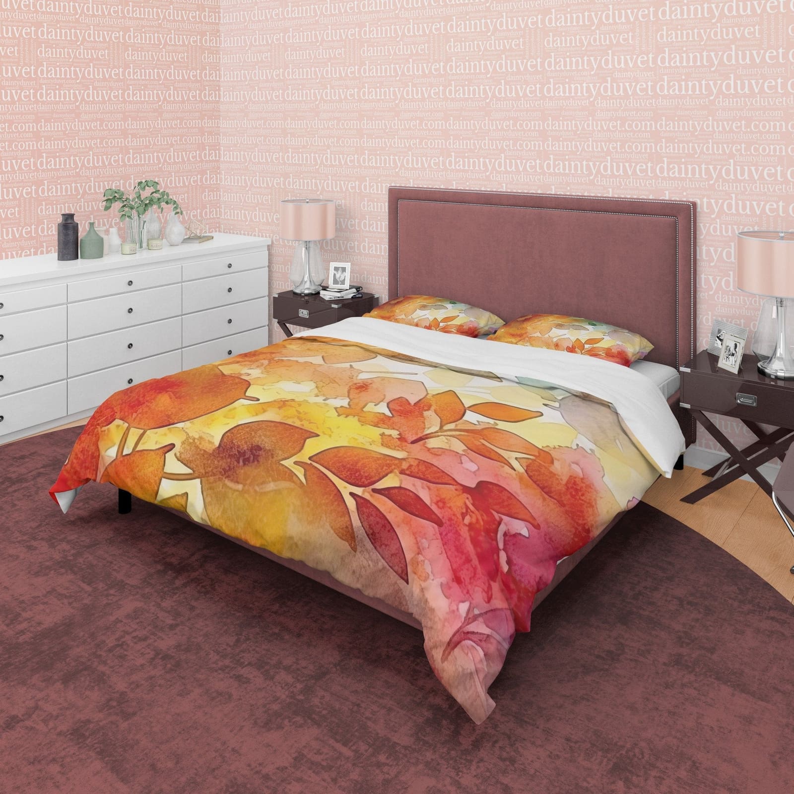Hot Orange Plant Leaf Autumn Duvet Cover Fall Bedding Set, Rustic Neutral Colors Aesthetic Quilt Cover, Boho Bedspread, Pr…