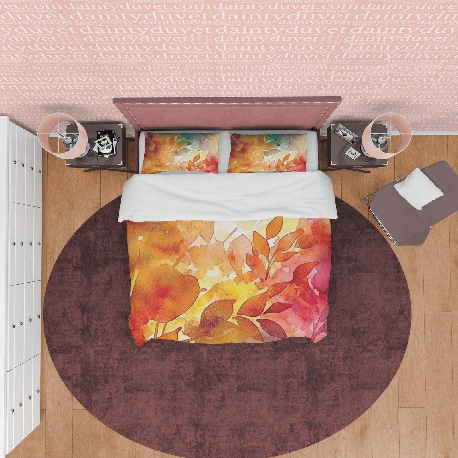 Hot Orange Plant Leaf Autumn Duvet Cover Fall Bedding Set, Rustic Neutral Colors Aesthetic Quilt Cover, Boho Bedspread, Pr…