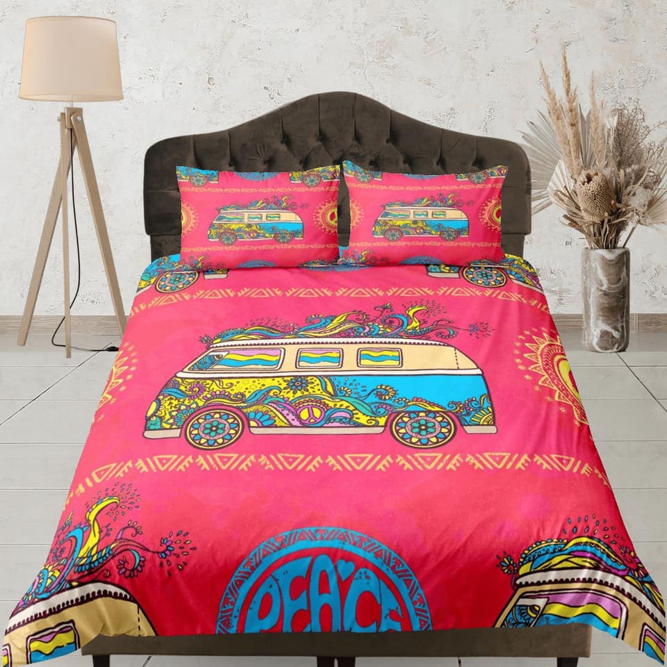 Hot pink 90s nostalgia colorful bus peace hippie bedding, retro duvet cover set, dorm bedding, teens and adult duvet cover…