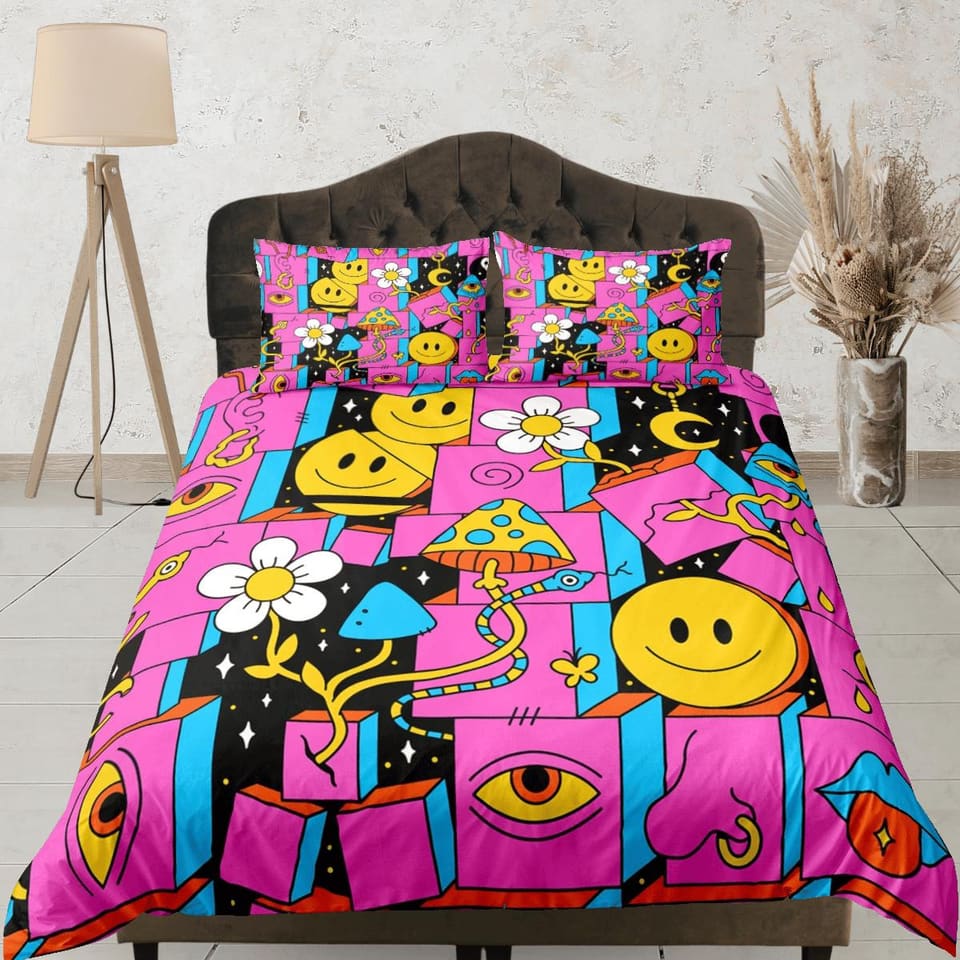 Hot pink psychedelic 90s nostalgia hippie bedding retro duvet cover set, colorful bedding, teens and adult duvet cover, ma…