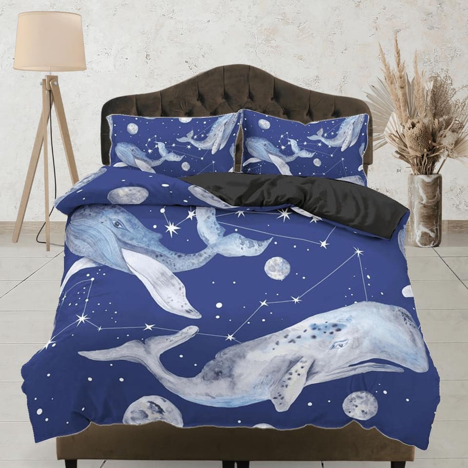 Humpback whale stars galaxy bedding duvet cover, ocean blush decor constellation celestial bedding set full king queen twi…
