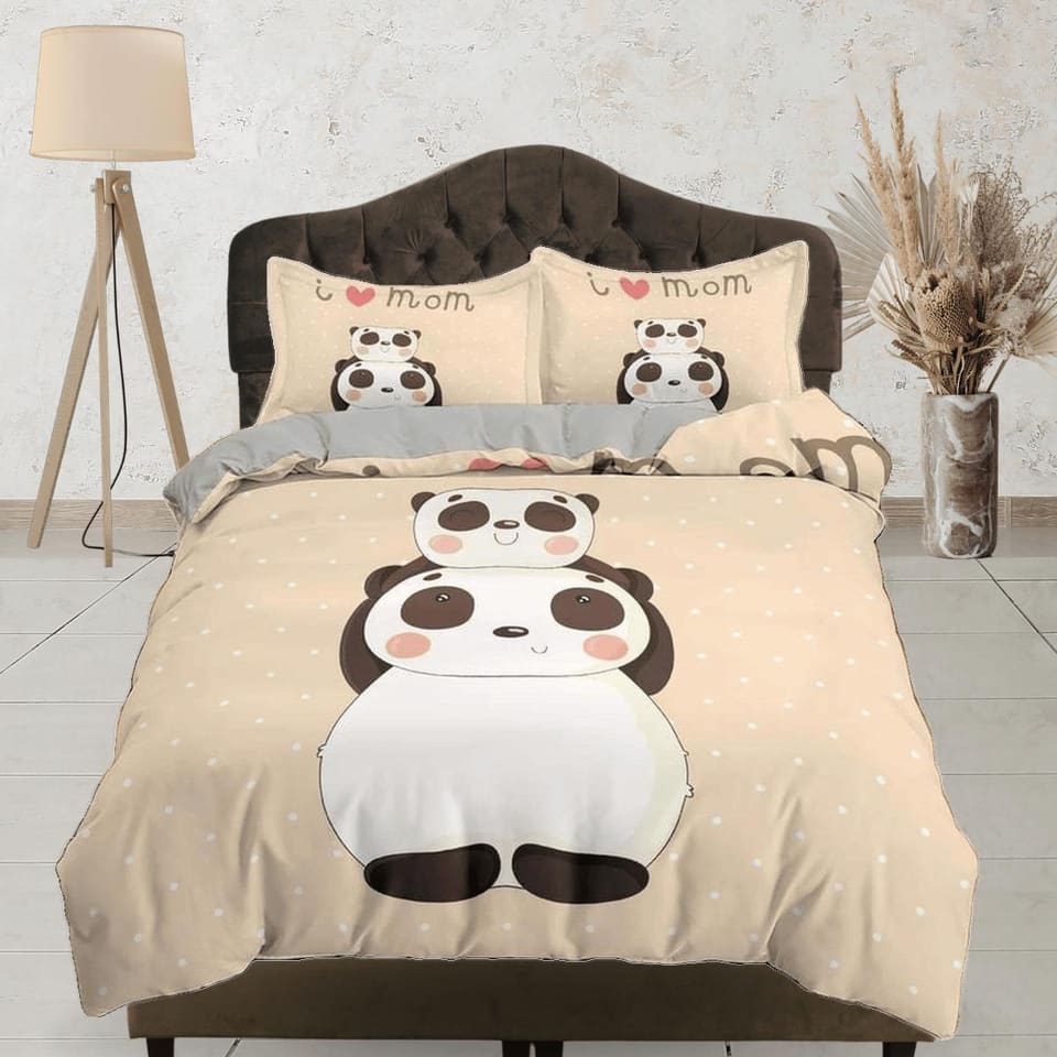 I love mom panda beige duvet cover set, bedding set full, king, queen, dorm bedding, toddler bedding, aesthetic bedspread,…