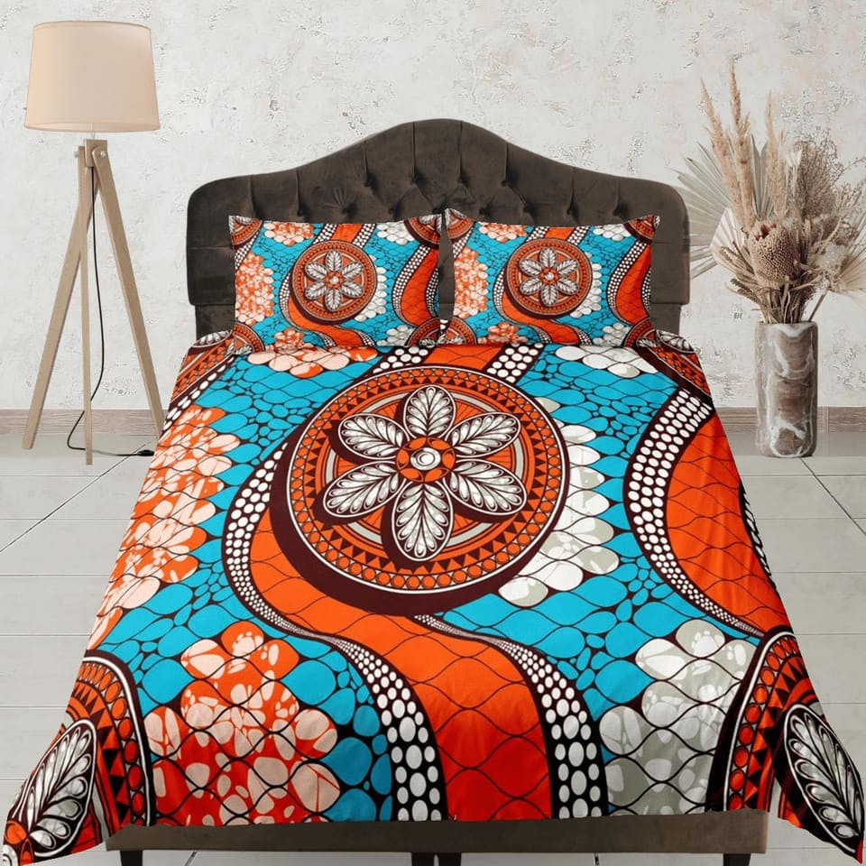 Intricate african pattern blue bedding set duvet cover, boho bedding, ethnic tribal design, afrocentric designer bedding,…