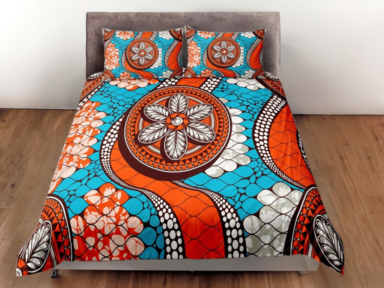 Intricate african pattern blue bedding set duvet cover, boho bedding, ethnic tribal design, afrocentric designer bedding,…