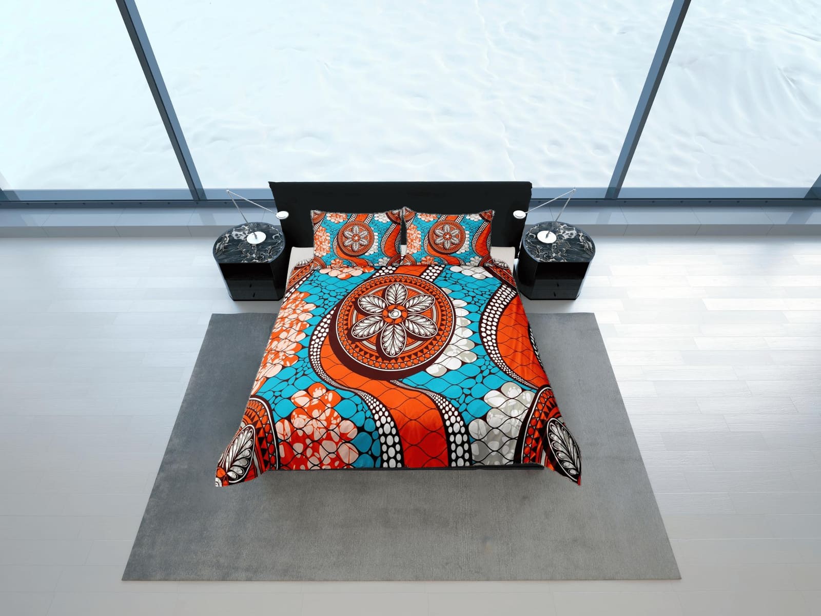 Intricate african pattern blue bedding set duvet cover, boho bedding, ethnic tribal design, afrocentric designer bedding,…