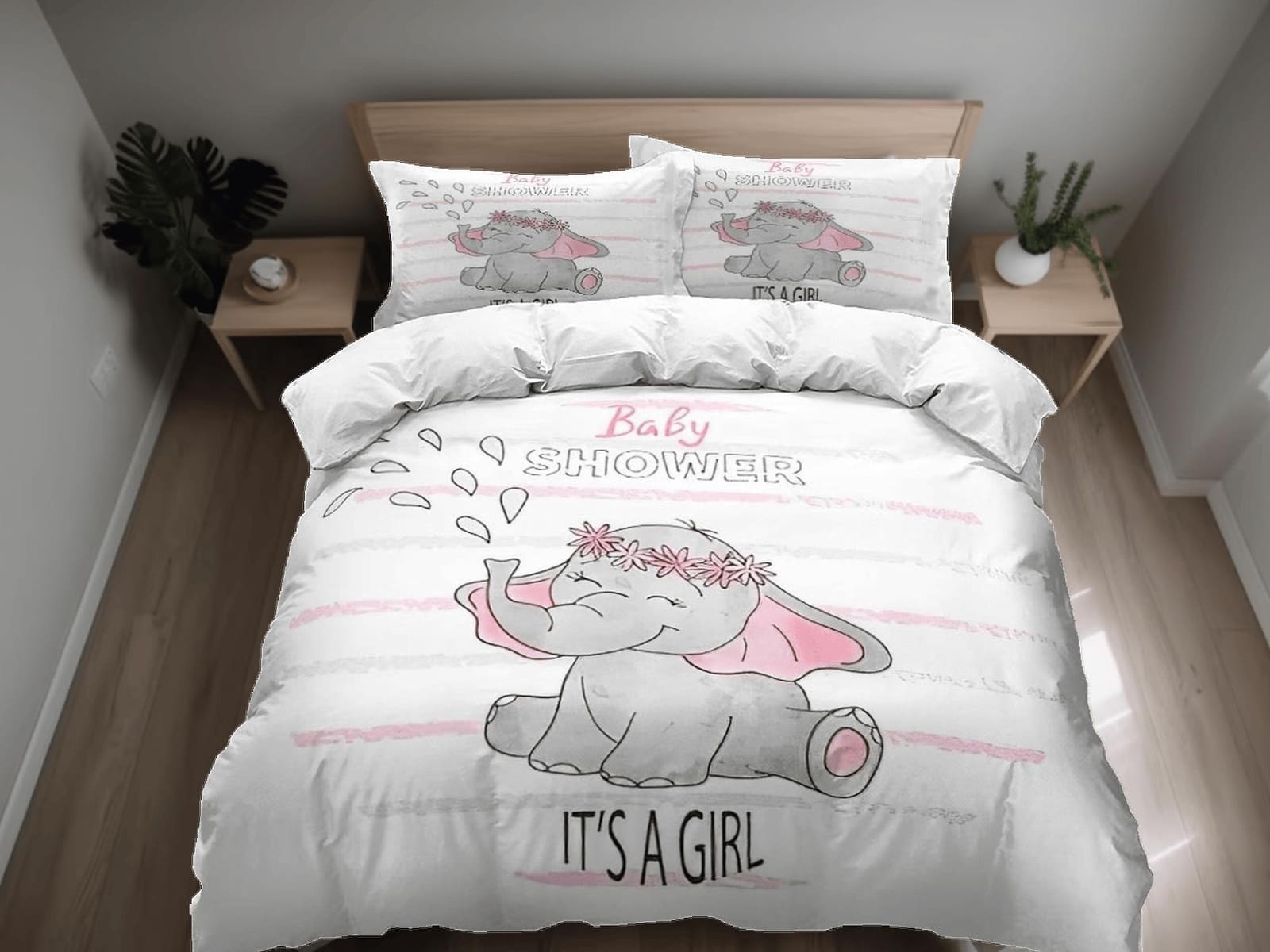 It's a girl! baby gender announcement elephant bedding set, kids bedding full, nursery duvet cover, elephant baby shower,…