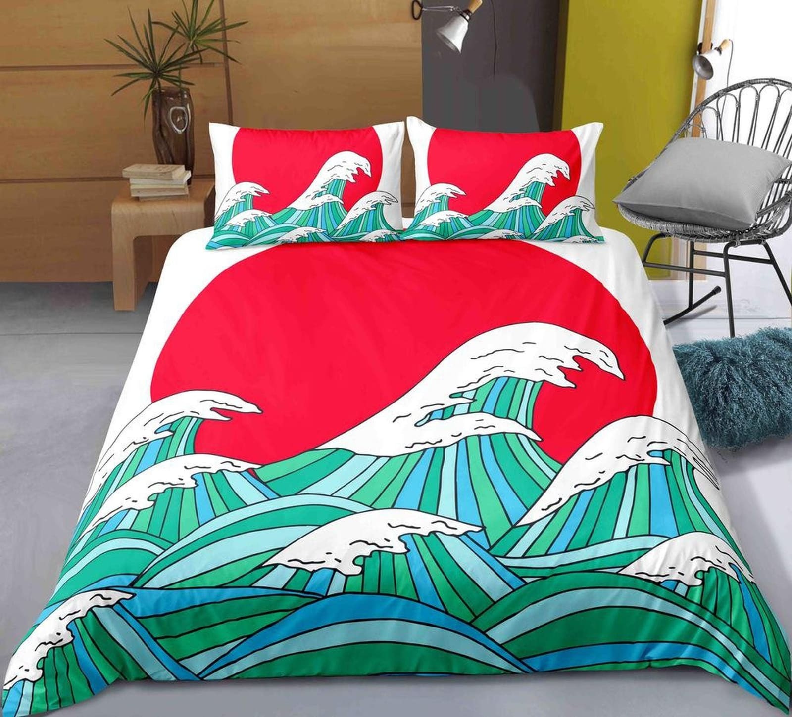 Japan art culture oriental bedding, big waves and red sun, japanese duvet cover set for king, queen, full, twin bed, cool…