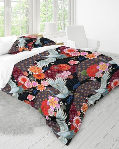 Japanese Black Duvet Cover Set, Floral Kimono & Crane Bird Bedding Set with Pillow Cover Case