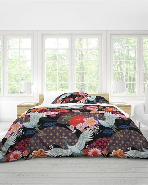 Japanese Black Duvet Cover Set, Floral Kimono & Crane Bird Bedding Set with Pillow Cover Case