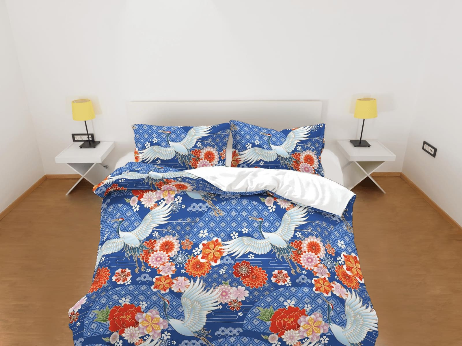 Japanese Blue Duvet Cover Set, Floral Kimono Design Bedding Set with Pillow Cover Case