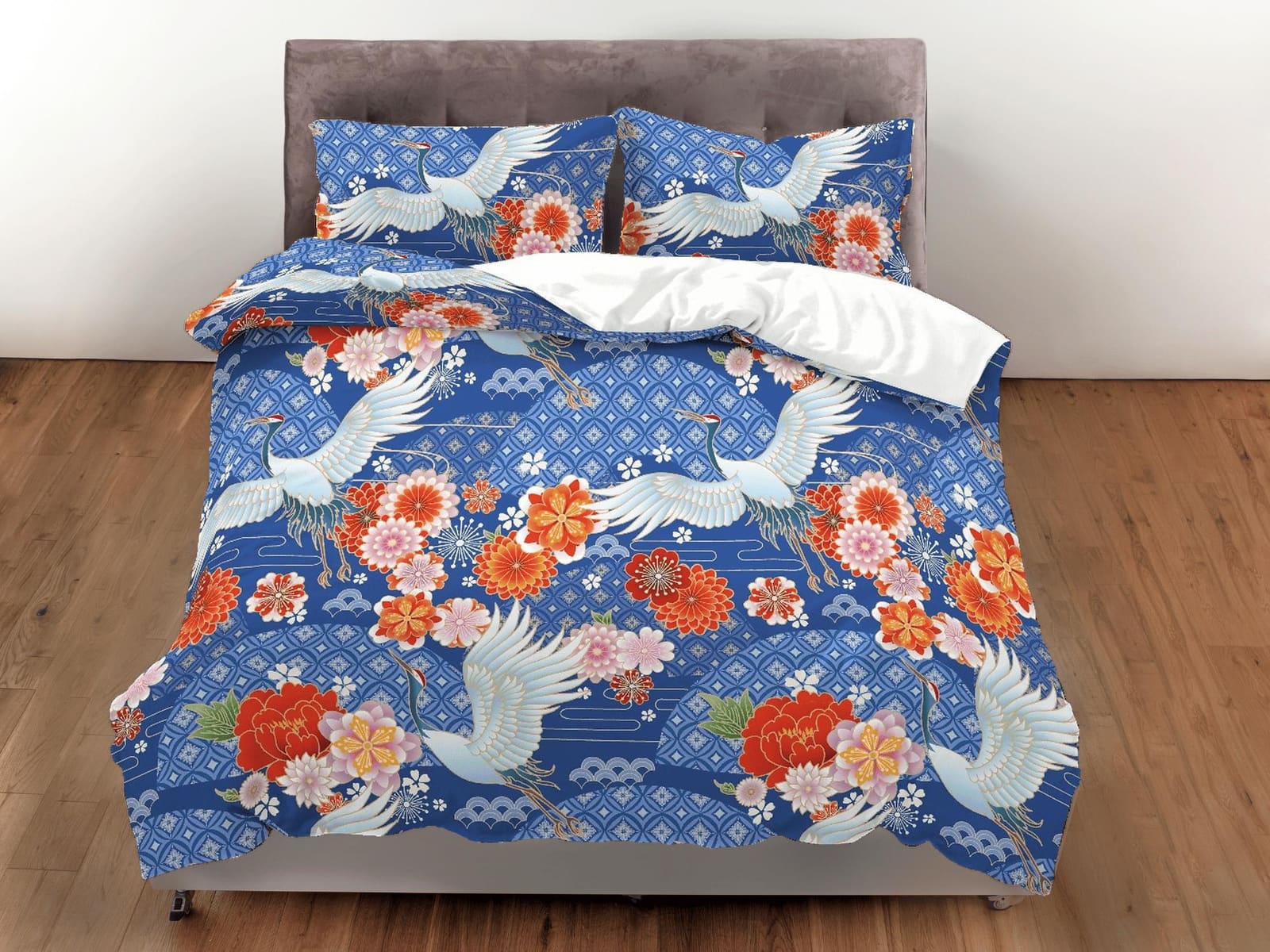 Japanese Blue Duvet Cover Set, Floral Kimono Design Bedding Set with Pillow Cover Case