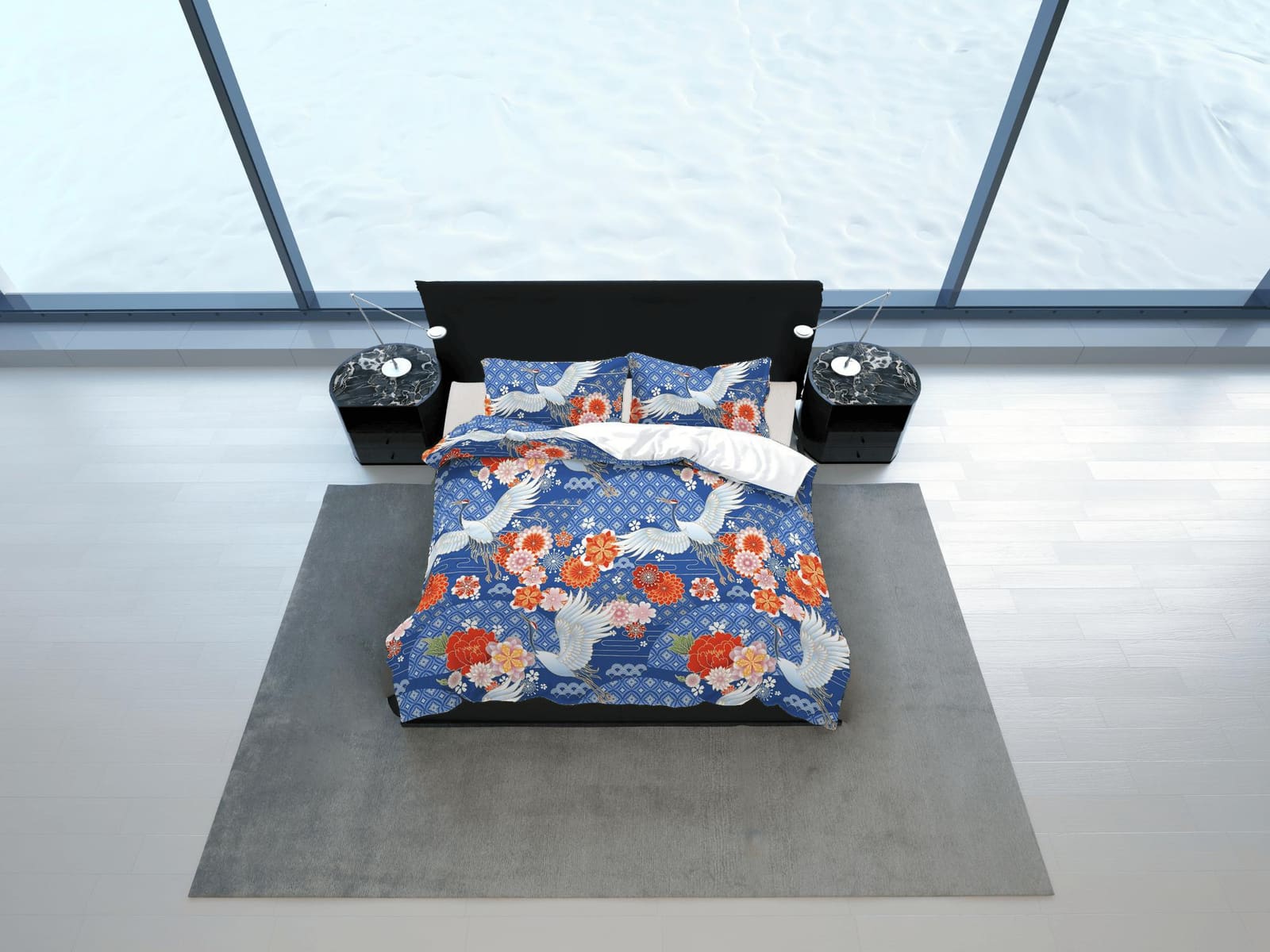 Japanese Blue Duvet Cover Set, Floral Kimono Design Bedding Set with Pillow Cover Case