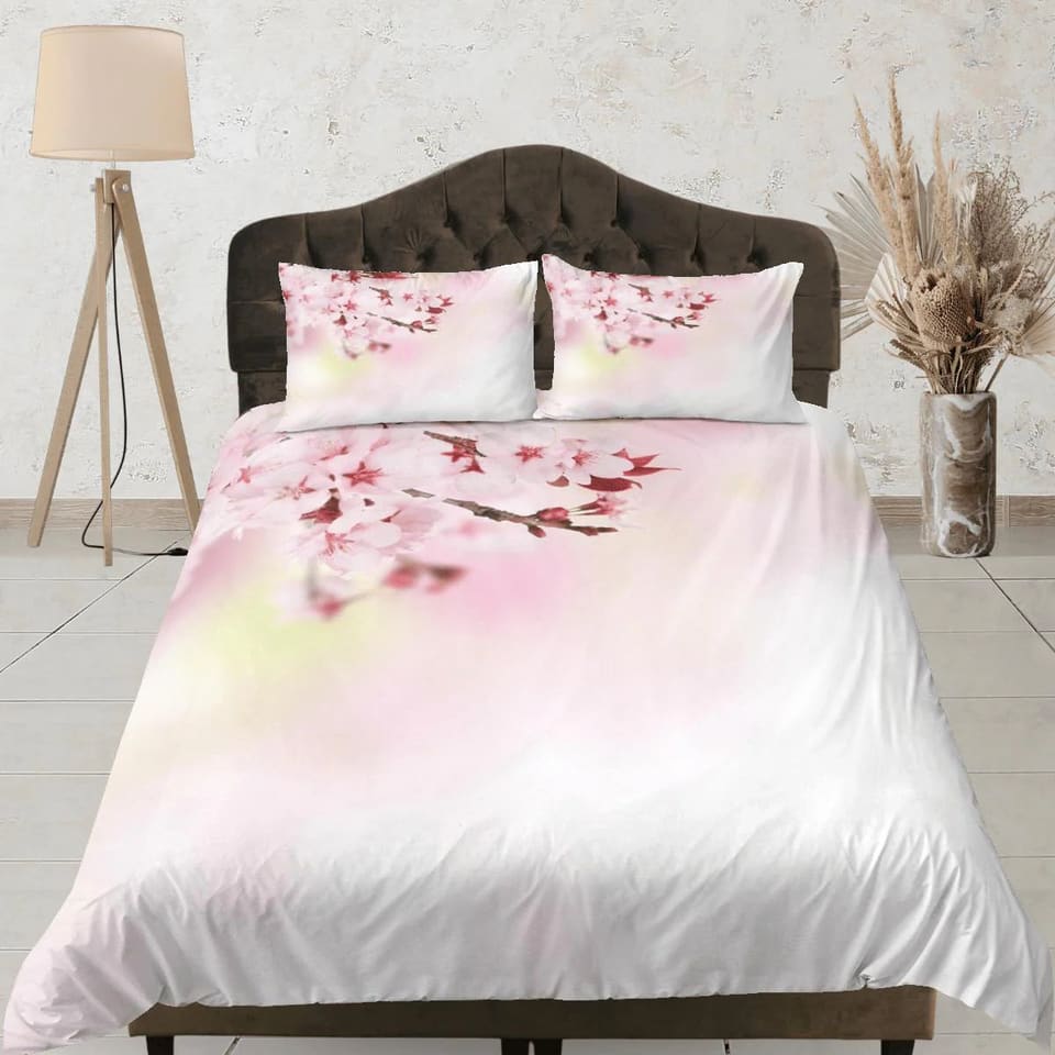 Japanese cherry blossom bedding floral prints duvet cover queen, king boho bedding designer bedspread minimalist full size…
