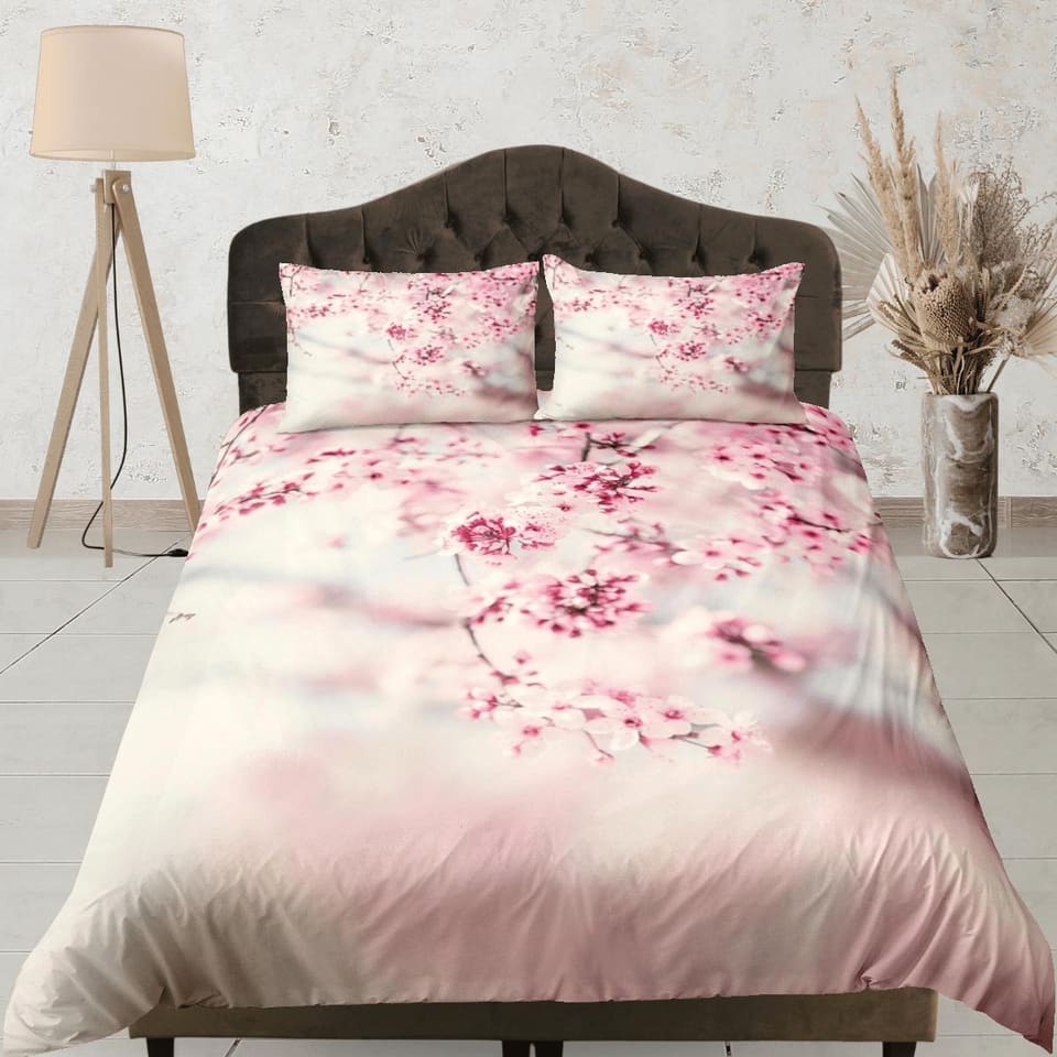Japanese cherry blossom bedding floral prints pink duvet cover queen, king, boho bedding designer bedspread full size bedd…