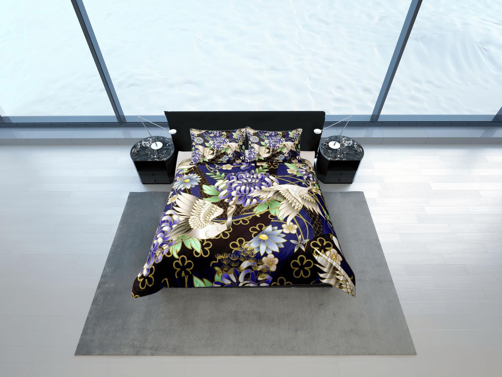 Japanese Crane Bird Floral Duvet Cover Set Colorful Bedspread, Dorm Bedding with Pillowcase, Single