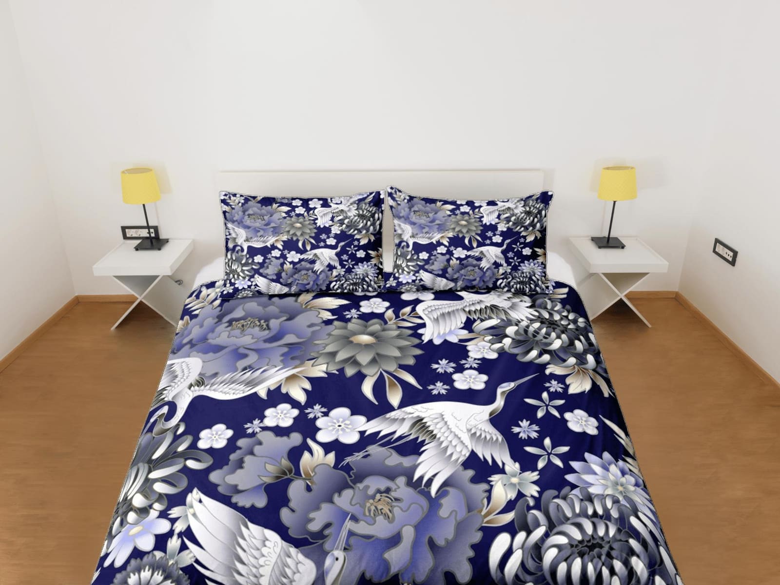 Japanese Crane Blue Duvet Cover Set Colorful Bedspread, Dorm Bedding with Pillowcase