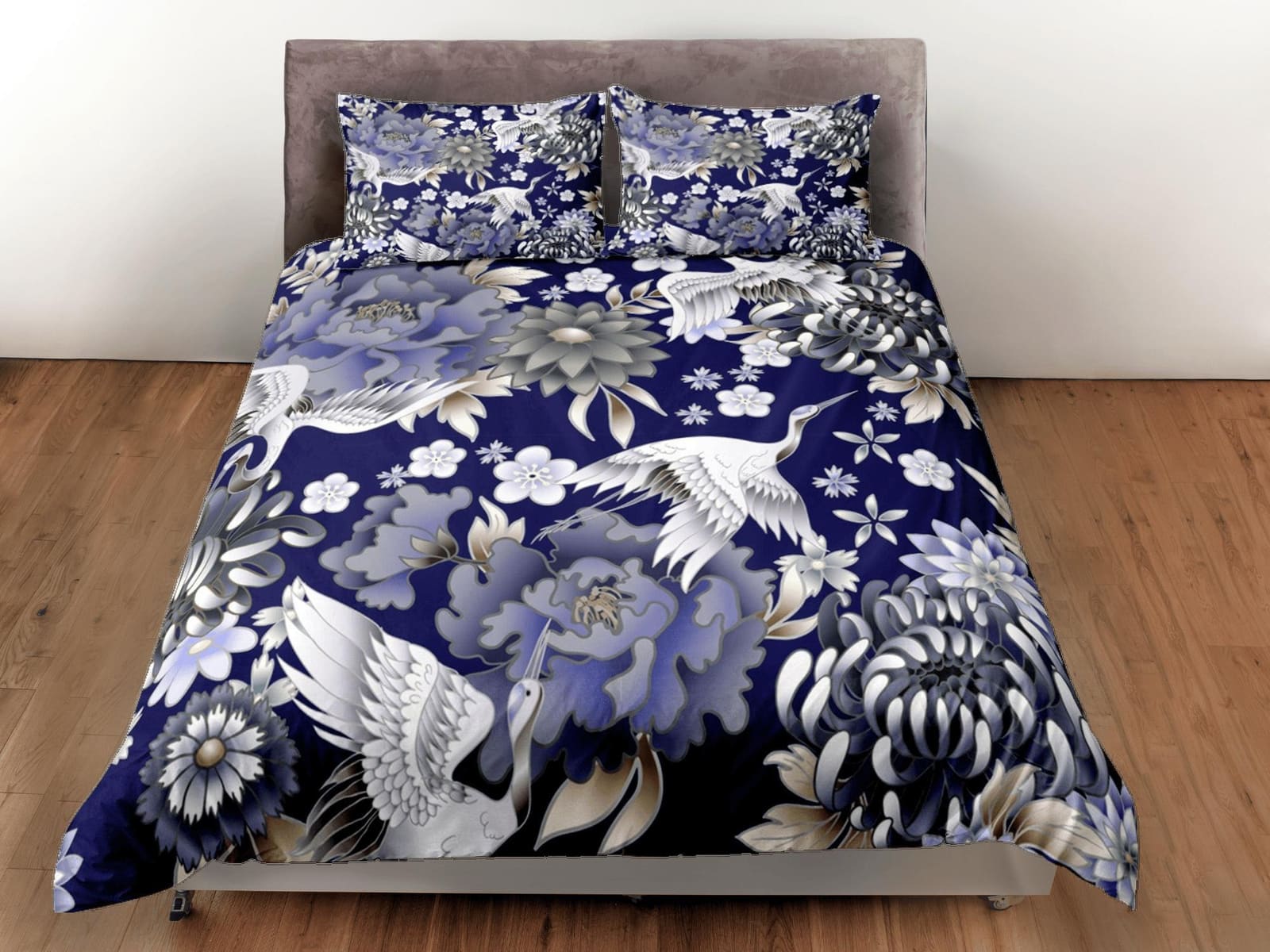 Japanese Crane Blue Duvet Cover Set Colorful Bedspread, Dorm Bedding with Pillowcase