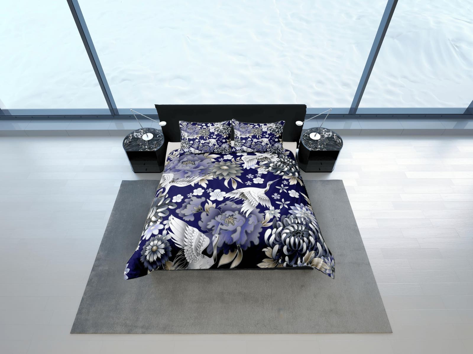Japanese Crane Blue Duvet Cover Set Colorful Bedspread, Dorm Bedding with Pillowcase