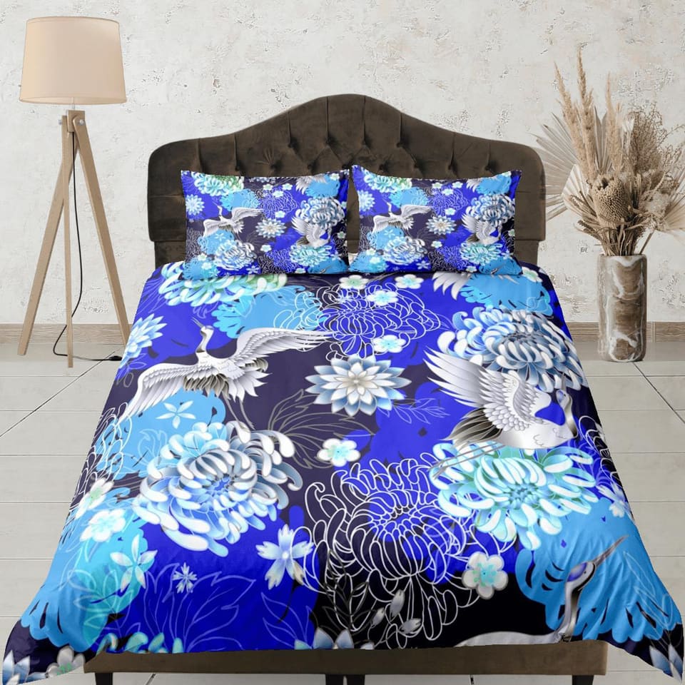 Japanese Floral Blue Duvet Cover Set Colorful Bedspread, Dorm Bedding + Pillowcase