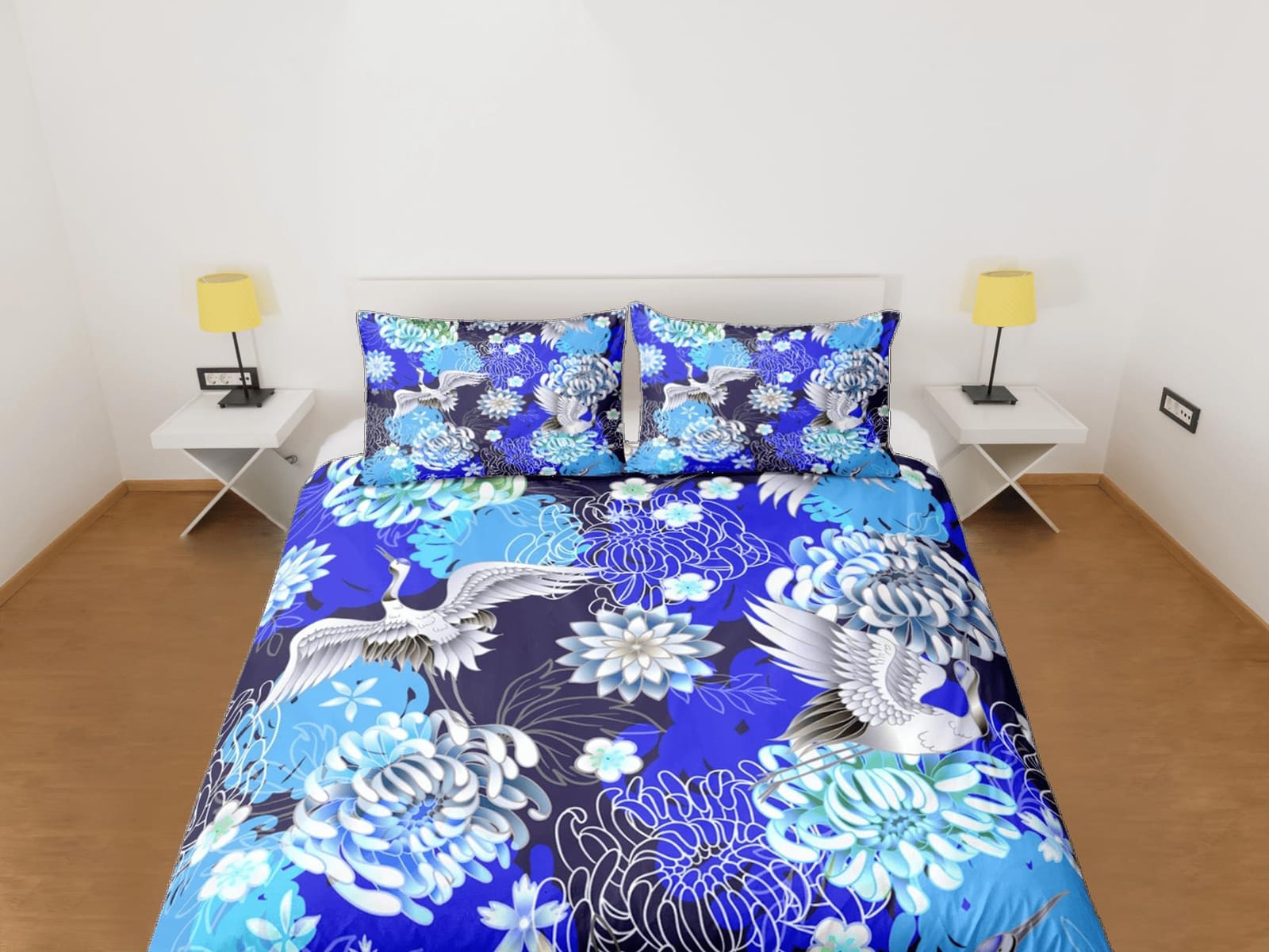 Japanese Floral Blue Duvet Cover Set Colorful Bedspread, Dorm Bedding + Pillowcase