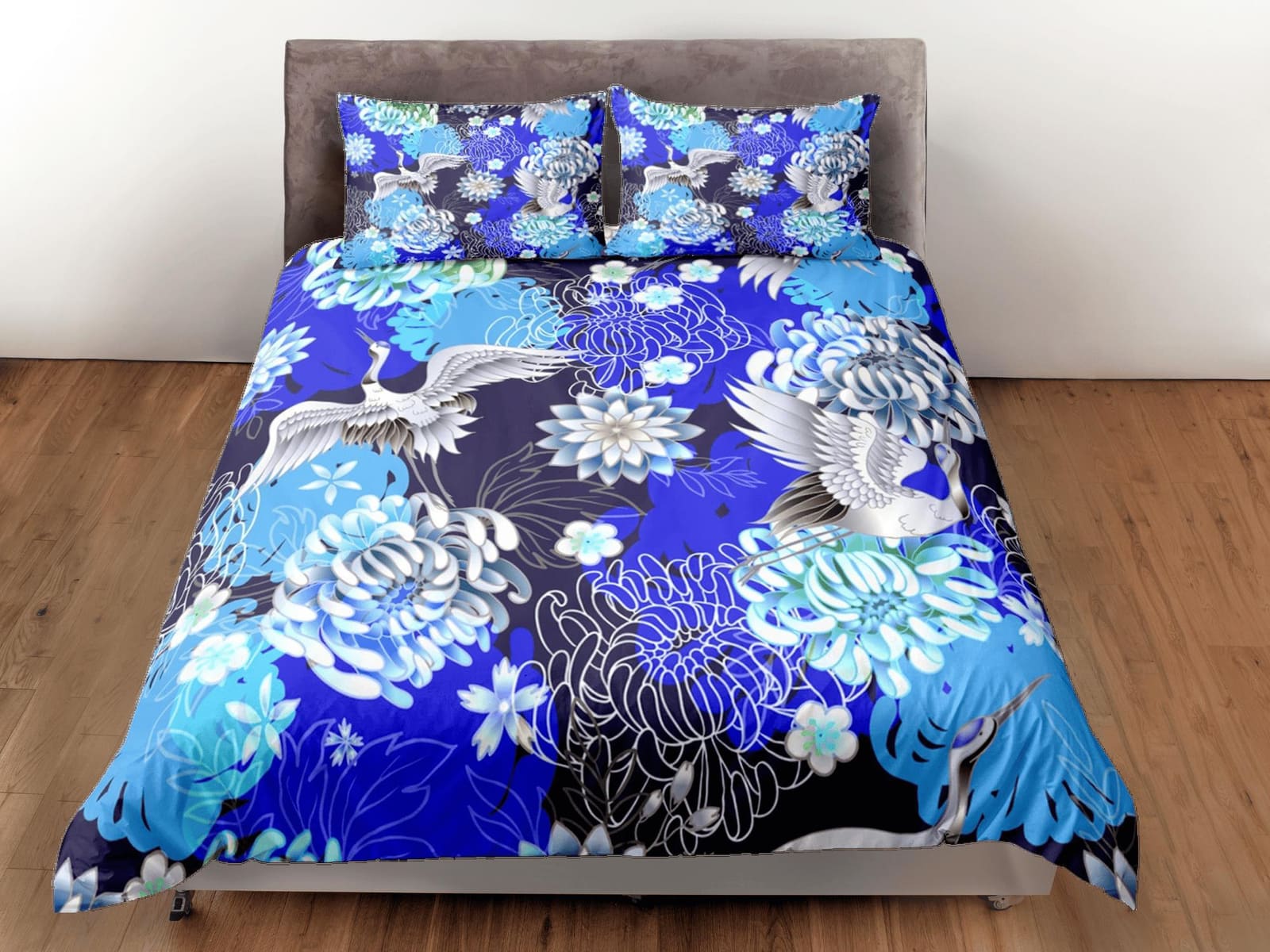 Japanese Floral Blue Duvet Cover Set Colorful Bedspread, Dorm Bedding + Pillowcase