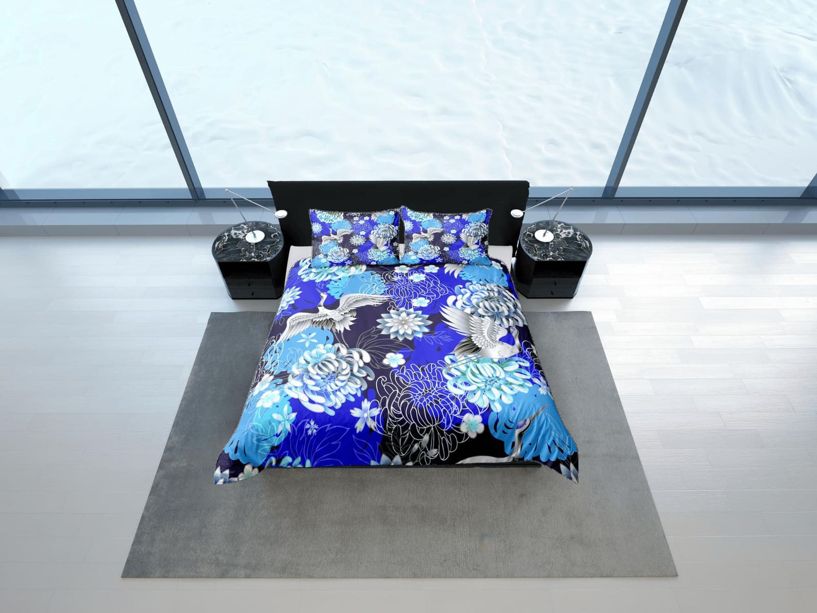 Japanese Floral Blue Duvet Cover Set Colorful Bedspread, Dorm Bedding + Pillowcase