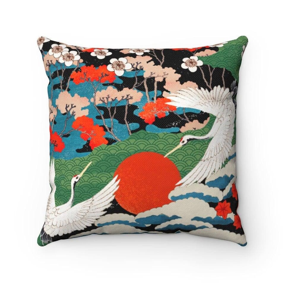 Japanese Painting Pillowcase, Cushion Cover Japanese Art Decor Crane, Decorative Square Pillow Cover Japanese Fabric