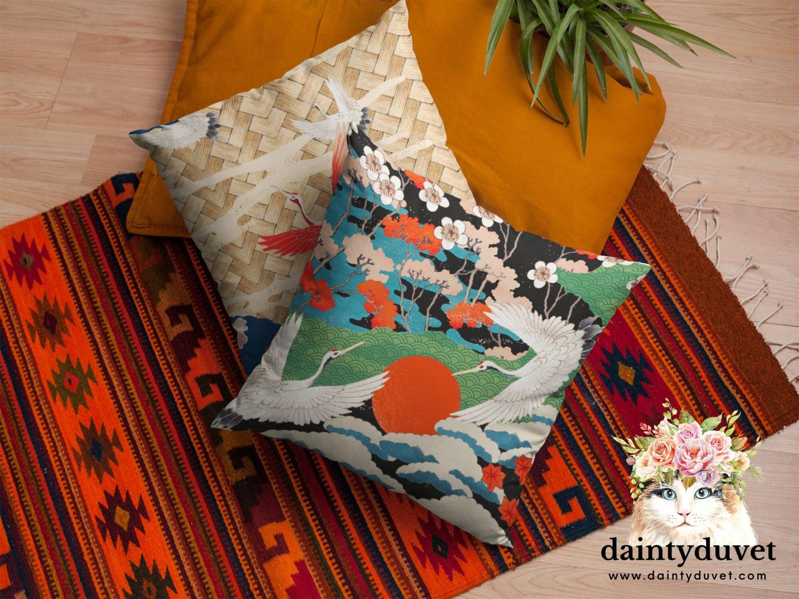 Japanese Painting Pillowcase, Cushion Cover Japanese Art Decor Crane, Decorative Square Pillow Cover Japanese Fabric