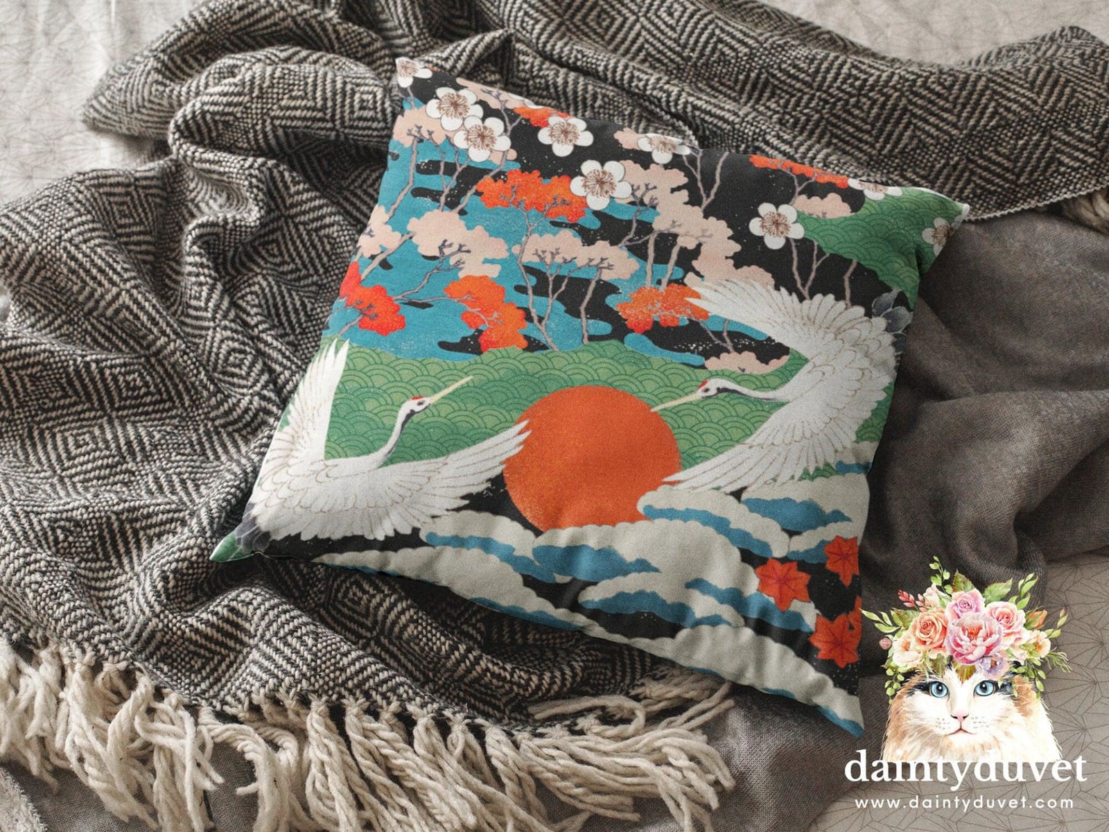 Japanese Painting Pillowcase, Cushion Cover Japanese Art Decor Crane, Decorative Square Pillow Cover Japanese Fabric