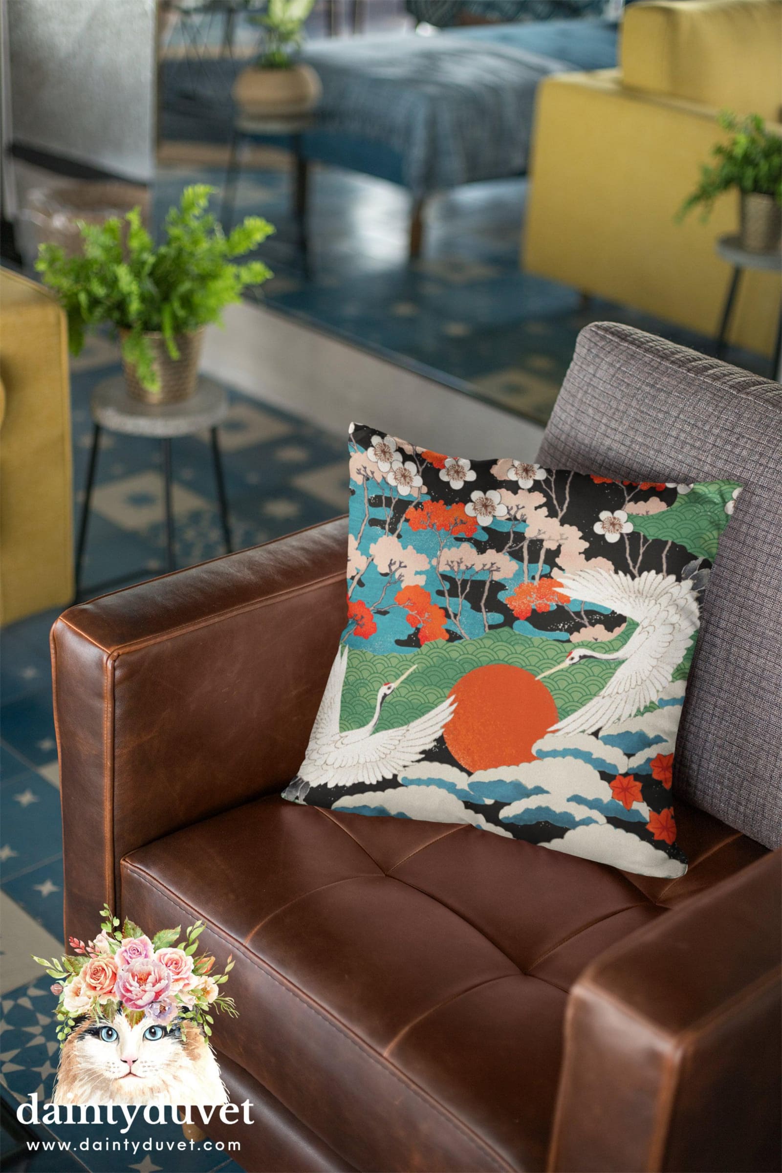 Japanese Painting Pillowcase, Cushion Cover Japanese Art Decor Crane, Decorative Square Pillow Cover Japanese Fabric