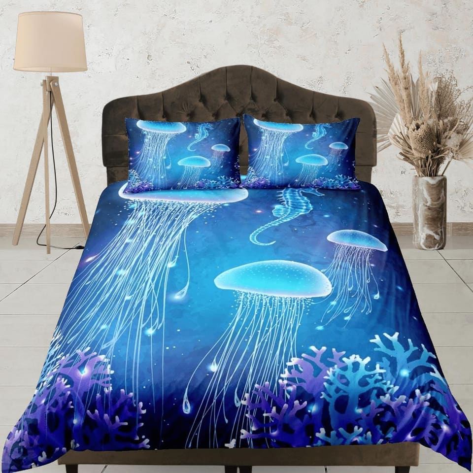 Jellyfish and sea horse bedding purple blue duvet cover, ocean blush sea animal bedding set full king queen twin crib todd…