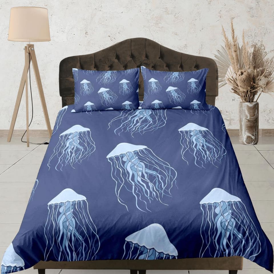 Jellyfish bedding denim blue duvet cover, ocean blush sea animal bedding set full king queen twin crib toddler, college do…
